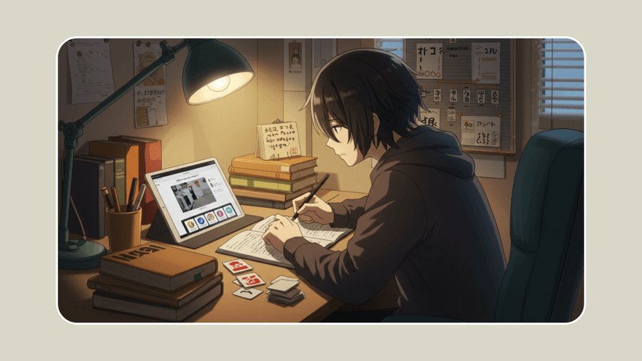 Um jovem otaku estudando japonês em uma mesa organizada, com livros, flashcards, tablet mostrando aplicativos de aprendizado, e um quadro de metas motivacionais ao fundo.
