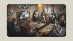 Cena de um grupo de jovens em uma sala temática de anime, assistindo a um anime em japonês na TV, alguns lendo mangás, outros jogando videogame, todos demonstrando interesse e diversão enquanto interagem com elementos da cultura japonesa.
