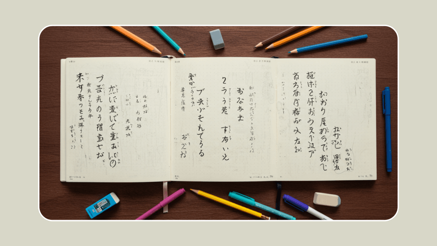 Uma composição artística mostrando três cadernos abertos lado a lado, cada um com exemplos de hiragana, katakana e kanji escritos à mão, com lápis, borracha e canetas coloridas ao redor.