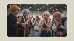 Uma ilustração estilizada de personagens de anime cumprimentando-se com gestos típicos japoneses, como reverência, em um cenário de convenção de anime, com cosplayers ao fundo.