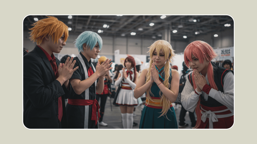 Uma ilustração estilizada de personagens de anime cumprimentando-se com gestos típicos japoneses, como reverência, em um cenário de convenção de anime, com cosplayers ao fundo.