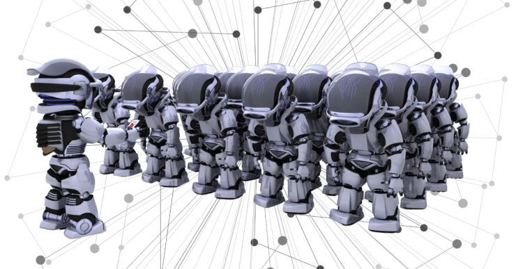 Robótica avançada representada por exército de robôs humanoides liderados por unidade principal, demonstrando o futuro da automação industrial e força de trabalho tecnológica.