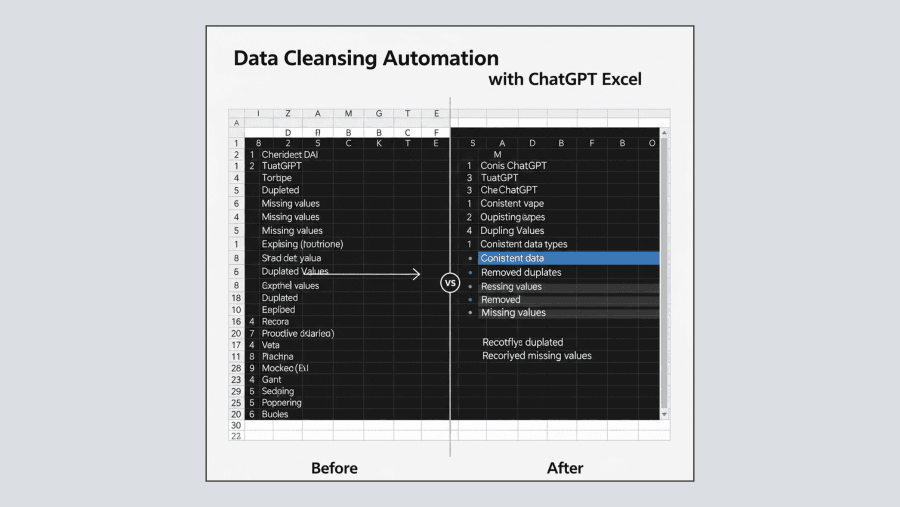 Automação de limpeza de dados com ChatGPT Excel: comparação antes e depois mostrando transformação de planilha desorganizada em dados limpos e padronizados através de IA.