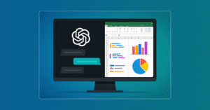 ChatGPT Excel: tela dividida mostrando integração entre interface de chat da IA e planilha Excel com fórmulas e gráficos coloridos para análise de dados.