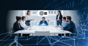 ChatGPT Pro otimizando reuniões corporativas com tecnologia de IA.