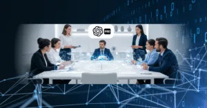 ChatGPT Pro otimizando reuniões corporativas com tecnologia de IA.