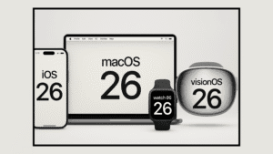 Interface unificada mostrando integração visual entre iOS 26, macOS 26, watchOS 26 e visionOS 26, destacando as notícias sobre iOS e outros sistemas Apple.