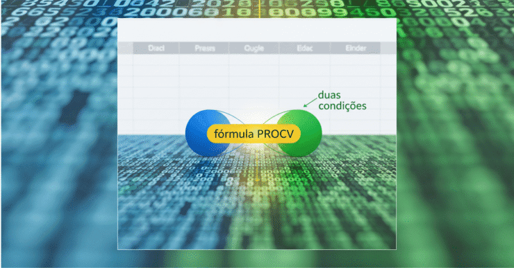 Ilustração conceitual da função PROCV com duas condições, mostrando dois funis filtrando dados em uma planilha, simbolizando a busca precisa no Excel.