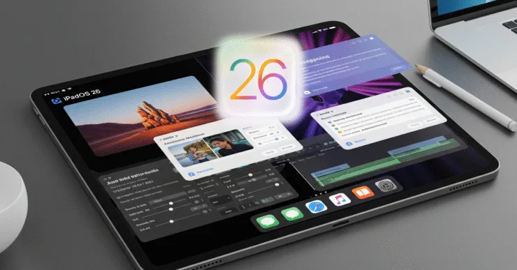 Interface do iPadOS 26 com multitarefa avançada.