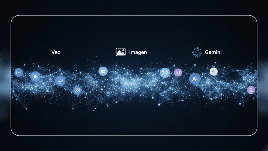 Flow AI utilizando Veo, Imagen e Gemini para produção audiovisual avançada.