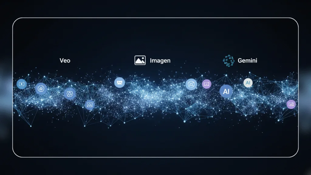 Flow AI utilizando Veo, Imagen e Gemini para produção audiovisual avançada.