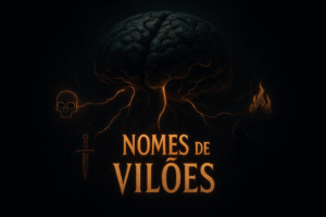 Ilustração conceitual de um cérebro maligno de pedra, com linhas de energia conectando-o a símbolos de vilania e à frase "Nomes de Vilões", destacando a criação de nomes de vilões.