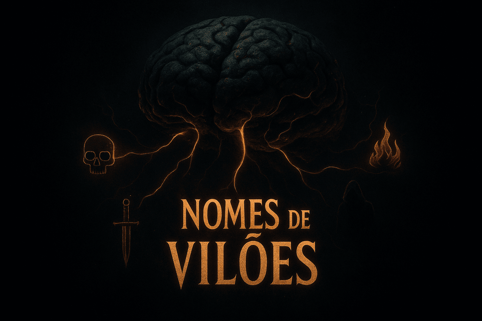 Ilustração conceitual de um cérebro maligno de pedra, com linhas de energia conectando-o a símbolos de vilania e à frase "Nomes de Vilões", destacando a criação de nomes de vilões.