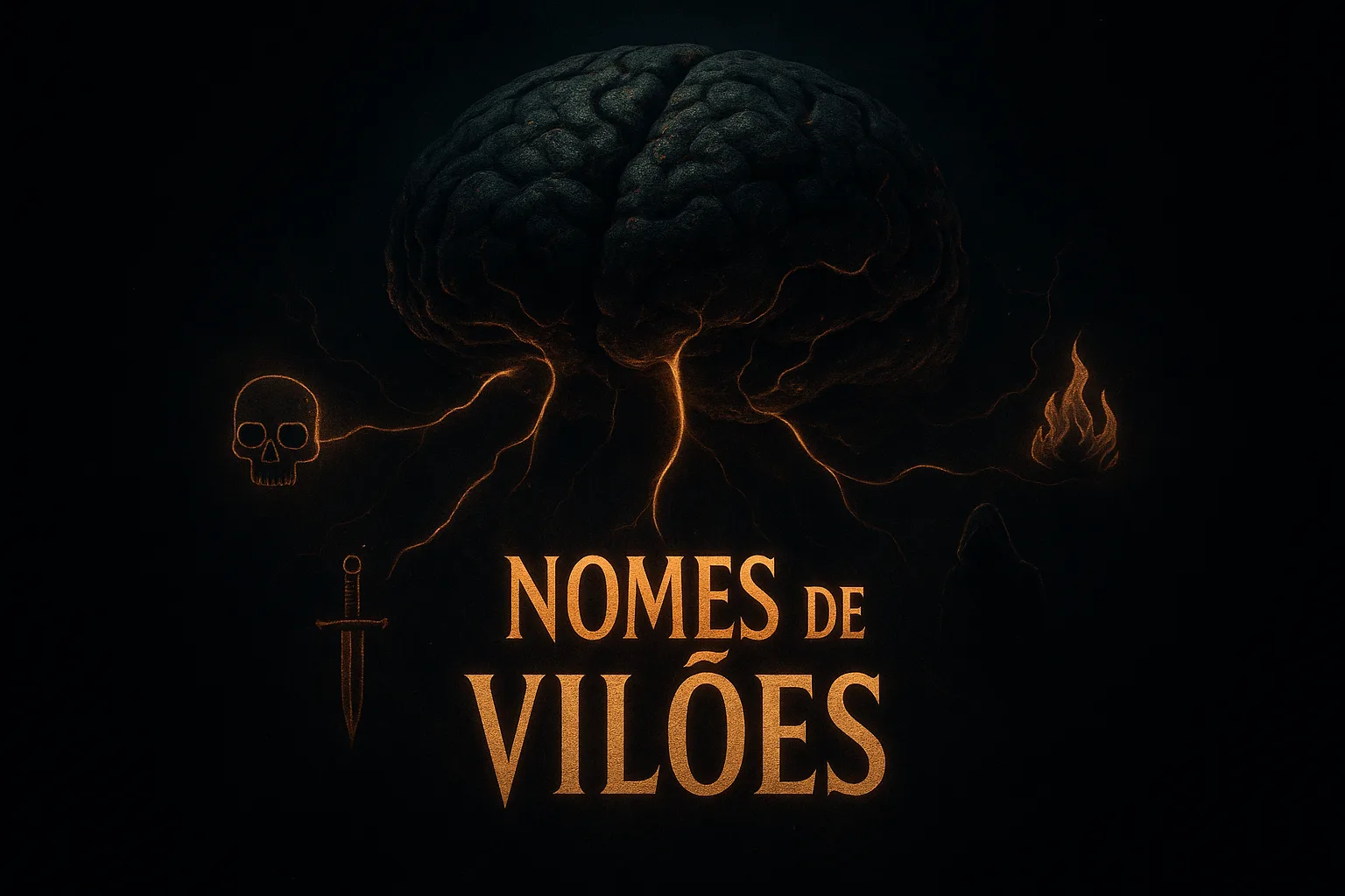 Ilustração conceitual de um cérebro maligno de pedra, com linhas de energia conectando-o a símbolos de vilania e à frase "Nomes de Vilões", destacando a criação de nomes de vilões.