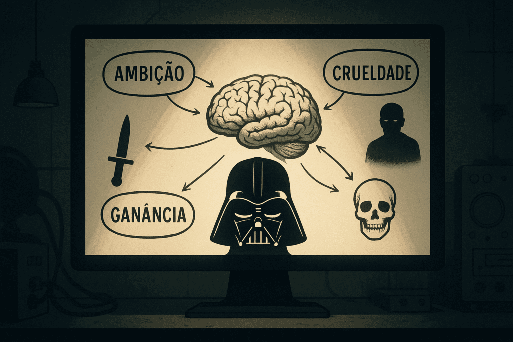 Um diagrama de laboratório mostra a silhueta da máscara de Darth Vader no centro, com linhas ligando-a a traços de personalidade, simbolizando a criação de nomes de vilões.