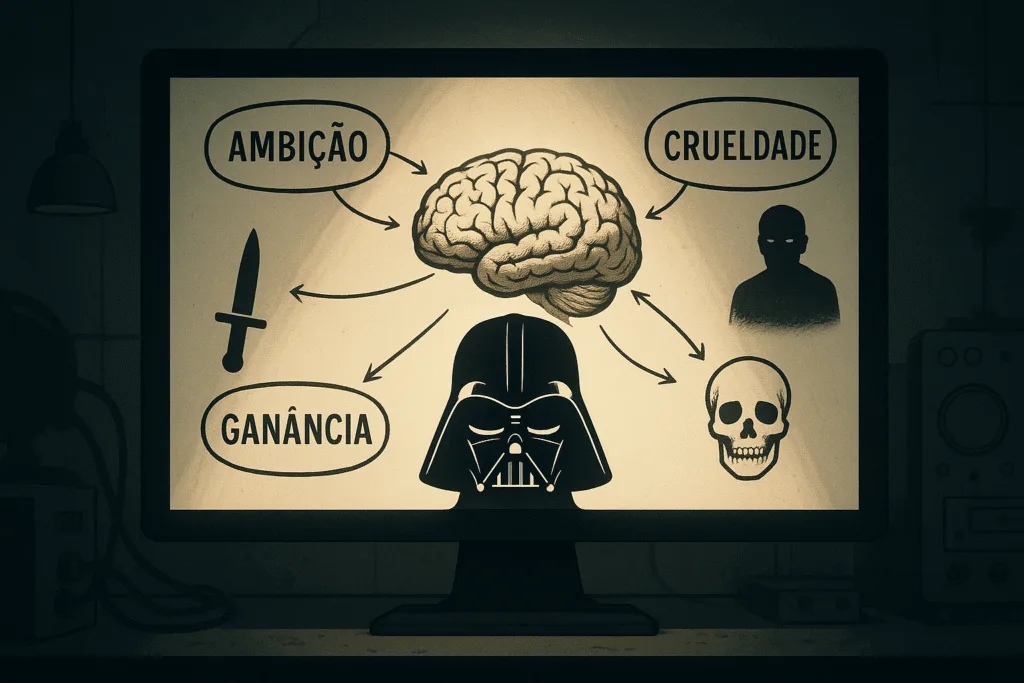 Um diagrama de laboratório mostra a silhueta da máscara de Darth Vader no centro, com linhas ligando-a a traços de personalidade, simbolizando a criação de nomes de vilões.