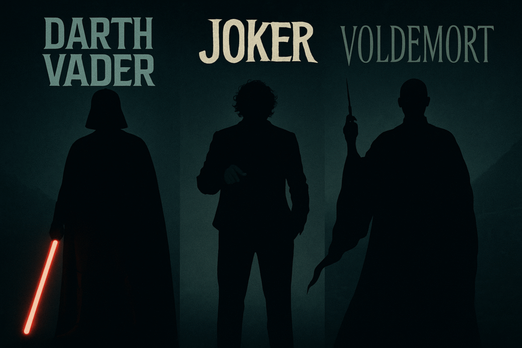 Uma montagem de silhuetas de vilões icônicos como Darth Vader, Coringa e Voldemort, com seus nomes estilizados, representando o poder de seus nomes de vilões.