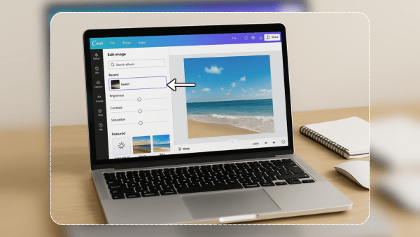 Tutorial visual de como inverter cores no Canva, mostrando a interface com o botão de inversão destacado no menu de edição.