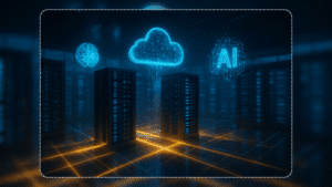 Infraestrutura de computação em nuvem da Oracle com tecnologia de inteligência artificial representada por servidores conectados.