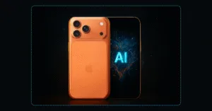 iPhone 17 Pro Max com hologramas de IA saindo da tela, representando as inovações em inteligência artificial da Apple.