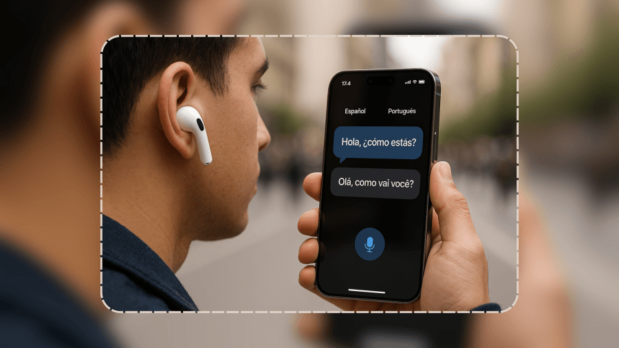 Tradução ao vivo com AirPods Pro 3 e iPhone 17 Pro, demonstrando a função de inteligência artificial para conversas em tempo real.