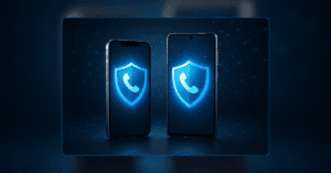 iPhone e Samsung Galaxy com escudos de proteção representando bloqueio de chamadas desconhecidas por inteligência artificial.
