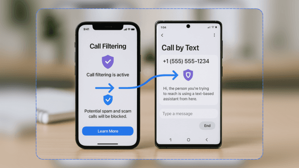 Comparativo visual entre filtragem de chamadas no iPhone e Samsung mostrando interfaces de bloqueio por IA.