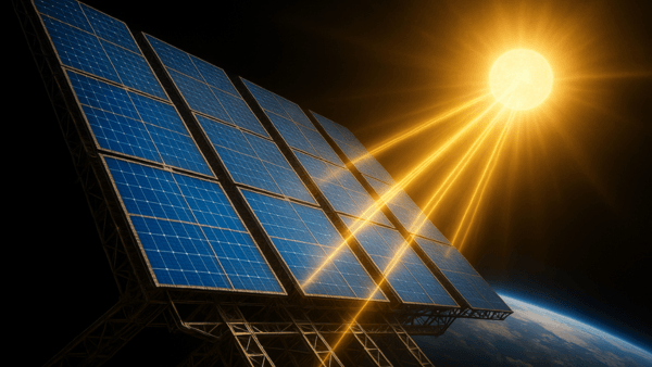 Painéis solares espaciais coletando energia solar 24 horas para alimentar data centers espaciais em órbita terrestre.