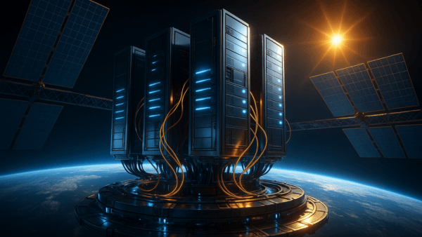 Data centers espaciais futurísticos em órbita terrestre com painéis solares captando energia solar contínua conforme visão de Jeff Bezos.