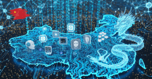 Mapa da China com elementos digitais representando o avanço da inteligência artificial chinesa e a ascensão tecnológica do país.