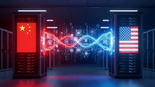 Representação visual da competição entre inteligência artificial chinesa e americana, simbolizando a disputa tecnológica global.