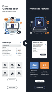 Comparação entre recursos gratuitos e premium do Krea AI.
