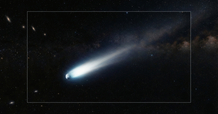 Ilustração realista do cometa 3I Atlas viajando pelo espaço interestelar.