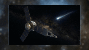 Cena da sonda Juno acompanhando o cometa 3I Atlas no espaço.