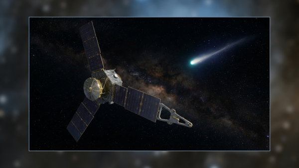 Cena da sonda Juno acompanhando o cometa 3I Atlas no espaço.