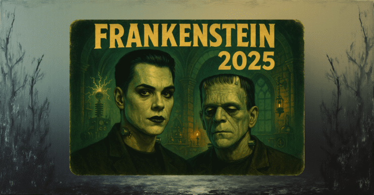 Poster duplo do Frankenstein 2025 e versão clássica mostrando a evolução do monstro no cinema de terror.