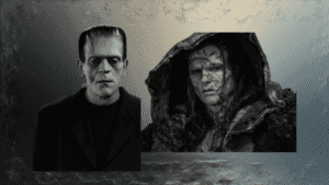 Comparação visual entre o Frankenstein clássico de 1931 e o Frankenstein 2025 mostrando a evolução do monstro no cinema.