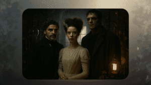 Elenco principal do Frankenstein 2025: Oscar Isaac, Mia Goth e Jacob Elordi em cena do laboratório do Dr. Frankenstein.