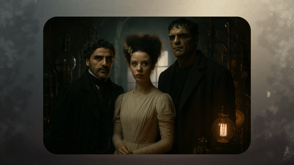 Elenco principal do Frankenstein 2025: Oscar Isaac, Mia Goth e Jacob Elordi em cena do laboratório do Dr. Frankenstein.