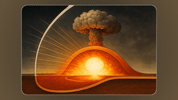 Ilustração científica dos efeitos da bomba nuclear mostrando bola de fogo, onda de choque e radiação térmica.