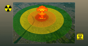Infográfico mostrando o raio de destruição de uma bomba nuclear com zonas concêntricas de impacto sobre uma cidade moderna.