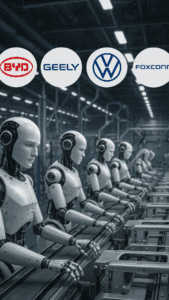 Robôs humanoides em um ambiente industrial, com logos de grandes empresas como Foxconn, destacando a adoção.