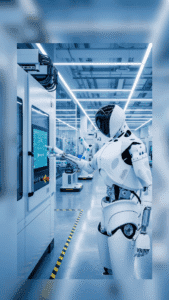 Um robô humanoide para uso corporativo realizando uma tarefa de inspeção industrial em uma fábrica.