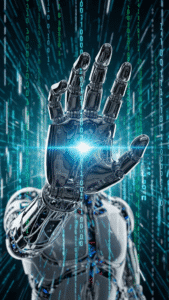 Mão de um robô humanoide para uso corporativo estendida, simbolizando a tecnologia do futuro.