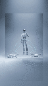 Ecossistema de IA da XPeng, integrando o robô humanoide para uso corporativo com outros veículos.