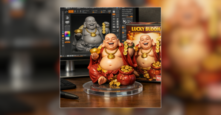 Fotografia de Produto de Figura Colecionável com Qualidade de Estúdio de um Buda da Sorte.