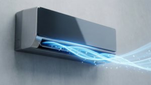 Representação visual artística do fluxo de ar contínuo, demonstrando a tecnologia e o que é ar condicionado inverter em funcionamento.