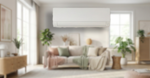 Uma sala de estar moderna e aconchegante com um aparelho split na parede, ilustrando o que é ar condicionado inverter e como ele se integra ao ambiente.