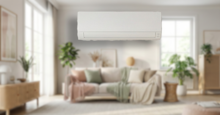 Uma sala de estar moderna e aconchegante com um aparelho split na parede, ilustrando o que é ar condicionado inverter e como ele se integra ao ambiente.