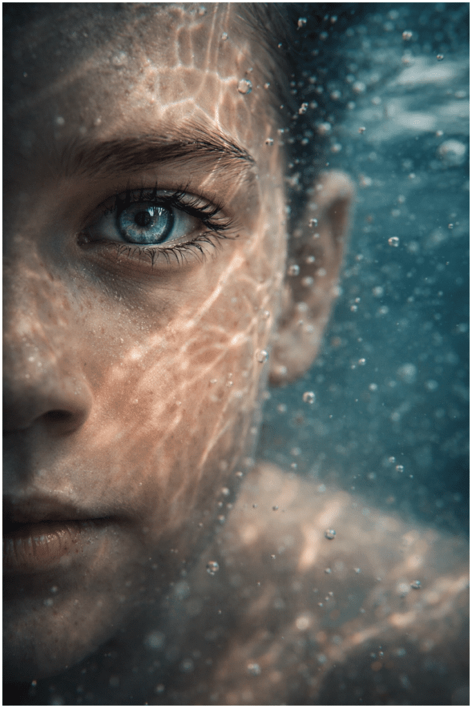 Um retrato subaquático extremamente realista, com foco preciso e detalhes de pele impressionantes.